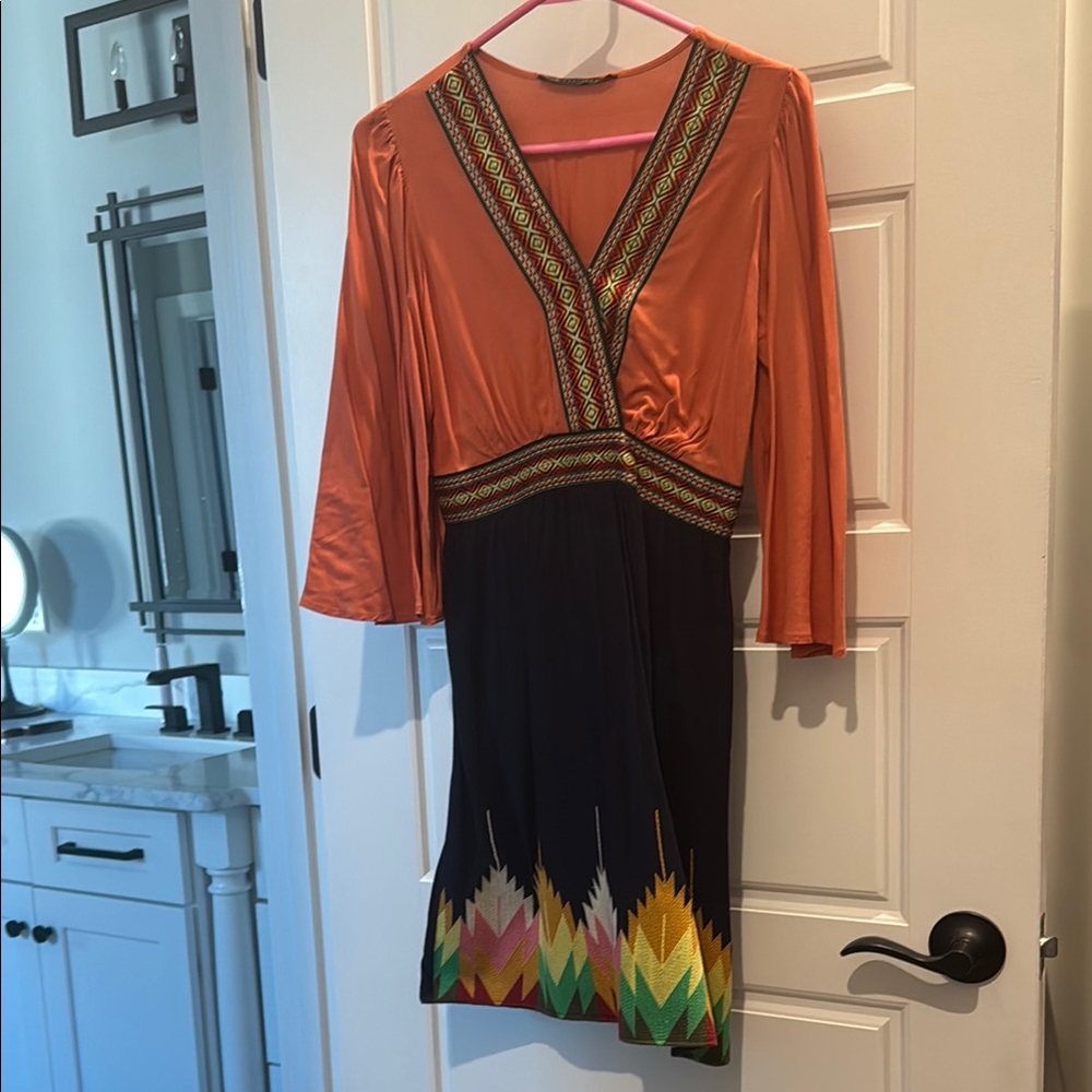 Orange and Black Wrap Tiered Cocktail Dress